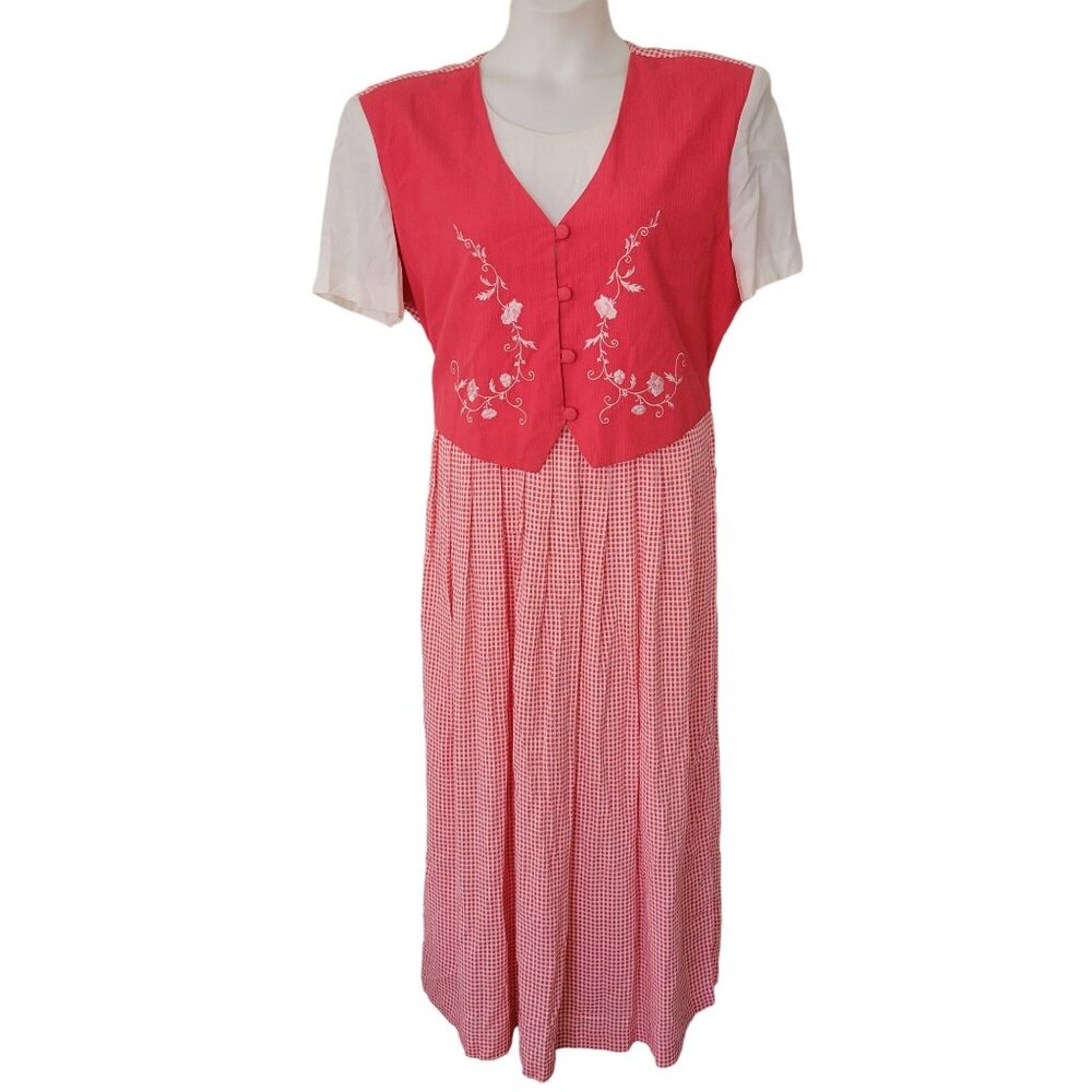 Red Embroidered Maxi Dress with Gingham Skirt
